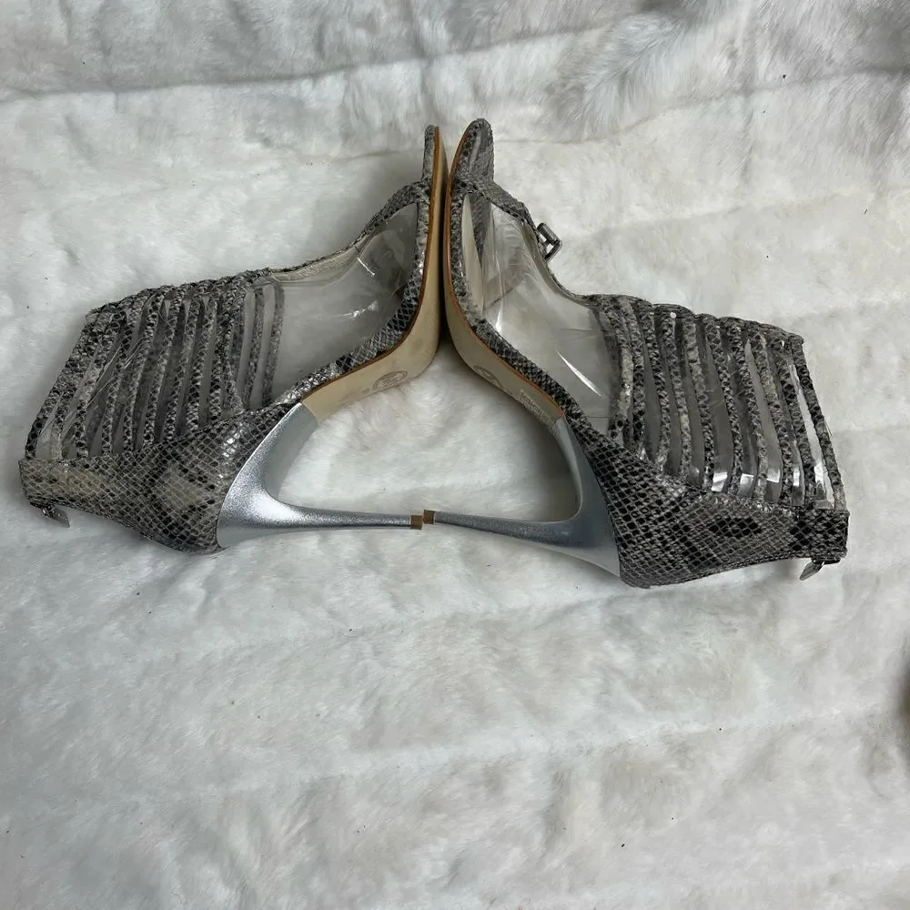 Michael Kors leather snake skin print beige and gray cage T Straps heels size9M